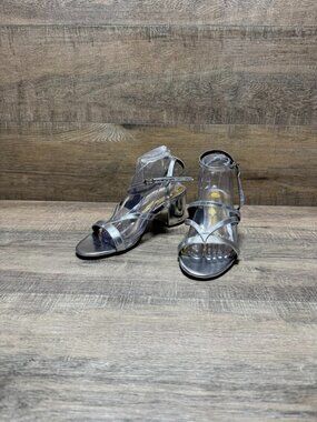 Schutz Stephanie Silver Strappy Open Toe Block Heel Sandal Women's Size 8